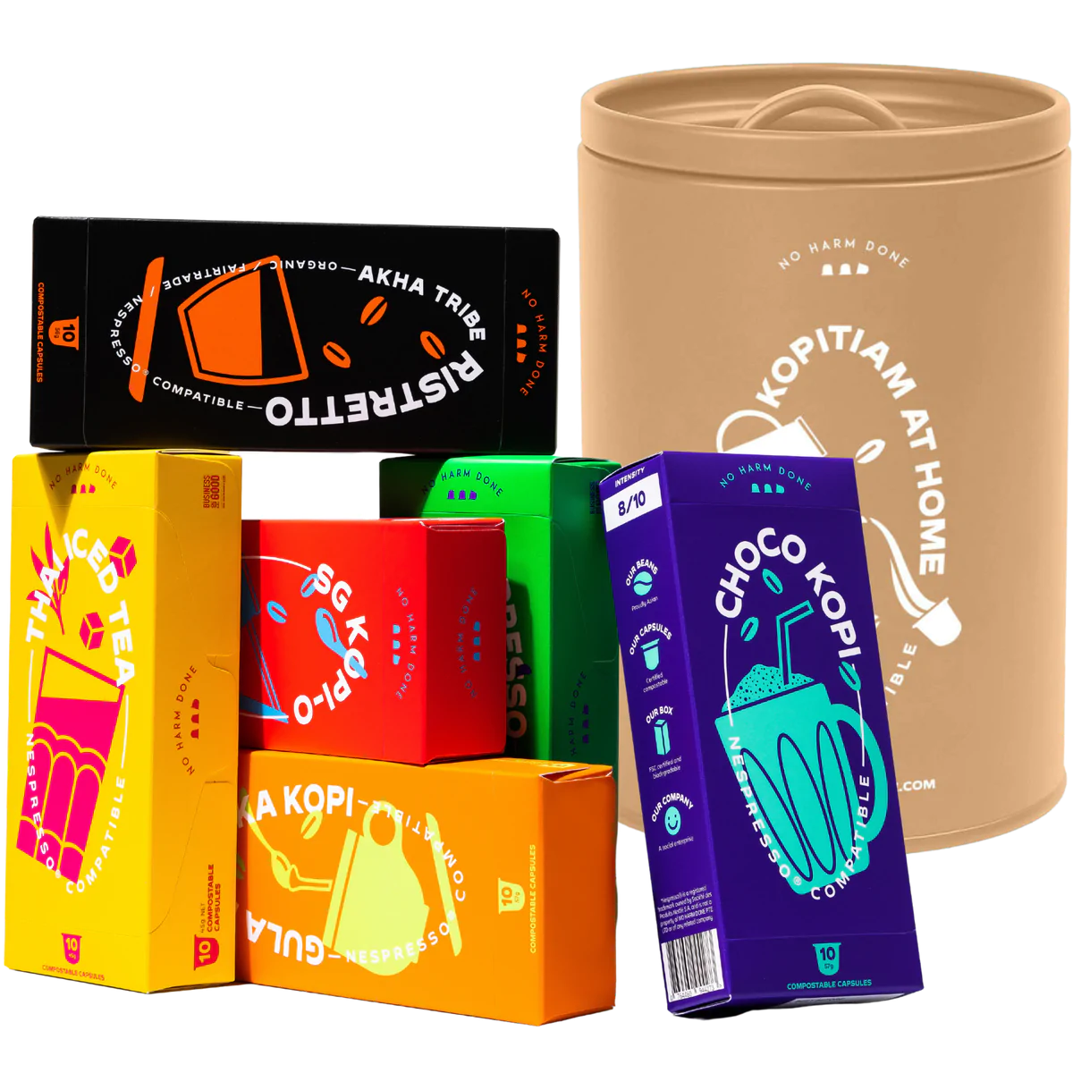 No Harm Done Try them all + FREE Tin Bundle | 6x10 Nespresso® Compatible Coffee Capsules