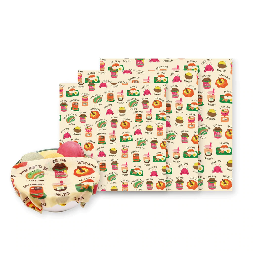 SustainableSG Reusable Food Wrap Cover - Set of 3 Organic Beeswax Wraps with Singapore Inspired SG Treats Design